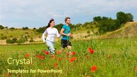 Presentation with sports - Theme enhanced with young fitness couple doing sports outdoors jogging on a green meadow in summer under a blue sky background and a tawny brown colored foreground