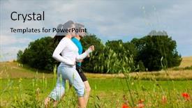  Presentation with sports - Slides featuring young fitness couple doing sports outdoors jogging on a green meadow in summer under a blue sky background and a light blue colored foreground