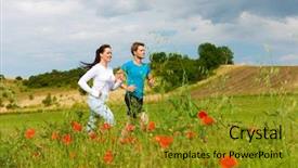  Presentation with sports - PPT theme enhanced with young fitness couple doing sports outdoors jogging on a green meadow in summer under a blue sky background and a gold colored foreground