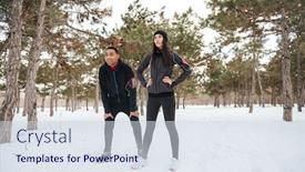  Presentation with winter forest - Presentation theme consisting of young fitness couple having break after running in winter forest background and a sky blue colored foreground
