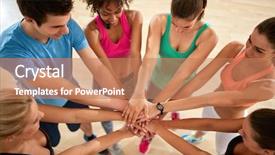  Presentation with group fitness - Audience pleasing PPT theme consisting of young fitness group with hands backdrop and a coral colored foreground