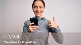  Presentation with smartphone app - Audience pleasing presentation design consisting of young-fitness-woman-wearing-sport backdrop and a gray colored foreground