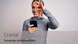 Presentation with smartphone app - Amazing slide set having young-fitness-woman-wearing-sport backdrop and a light gray colored foreground