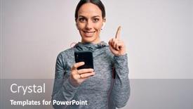  Presentation with smartphone app - Beautiful presentation design featuring young-fitness-woman-wearing-sport backdrop and a gray colored foreground