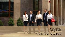  Presentation with full page business - PPT theme with walking together - full length portrait background and a coral colored foreground