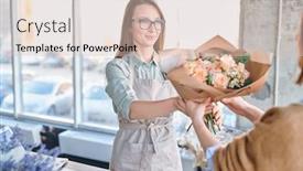  Presentation with floral - Audience pleasing slides consisting of young florist or shop assistant in apron and eyeglasses passing floral bouquet to buyer or client backdrop and a lemonade colored foreground
