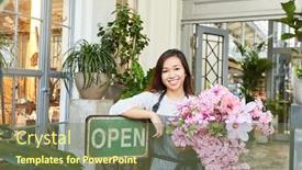  Presentation with pink - Colorful presentation design enhanced with young-florist-with-pink-bouquet backdrop and a violet colored foreground