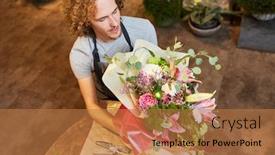  Presentation with young mothers - Amazing PPT theme having young-florist-wraps-colorful-bouquet backdrop and a coral colored foreground