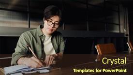  Presentation with writing notes - Presentation theme consisting of young-focused-asian-businessman background and a wine colored foreground