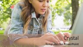  Presentation with college campus - Cool new PPT theme with young focused student lying on the grass using her laptop on college campus backdrop and a coral colored foreground