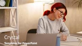  Presentation with writing notes - Audience pleasing PPT theme consisting of young-focused-woman-with-red backdrop and a coral colored foreground