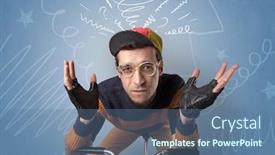  Presentation with rider - PPT theme having young foolish crazy rider with doodle on the background background and a ocean colored foreground