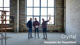  Presentation with brick wall - Amazing PPT theme having young-foreman-or-contractor-pointing backdrop and a gray colored foreground