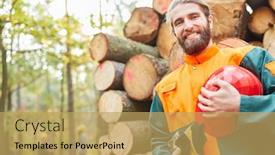  Presentation with wood harvest - Slide deck with young-forest-worker-in-protective background and a yellow colored foreground