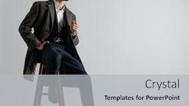  Presentation with navy - Colorful presentation theme enhanced with young formal business man wearing a navy suit sunglasses coat sitting with one leg resting on a chair and one hand in pocket while looking away pensive on gray studio background backdrop and a light gray colored foreground