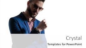  Presentation with blue formal - Cool new slide deck with young formal business man in blue suit with beard and sunglasses is standing with one hand bent and looking at camera confident on white studio background backdrop and a white colored foreground