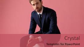  Presentation with business pink - Amazing slides having young formal business man in navy suit sitting and holding hands while looking at camera serious on pink studio background backdrop and a red colored foreground