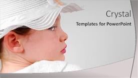  Presentation with fancy - Theme with young freckle faced girl in fancy hat looking back over shoulder background and a light gray colored foreground