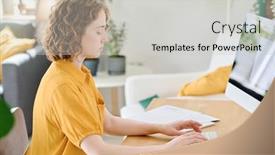  Presentation with front desk - PPT theme enhanced with young-freelancer-in-yellow-blouse background and a light gray colored foreground