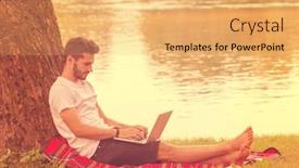  Presentation with tree river - Audience pleasing slides consisting of young freelancer using a laptop computer while working in beautiful nature under the tree on the bank of the river backdrop and a yellow colored foreground