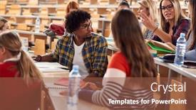  Presentation with students - Beautiful presentation design featuring young-freshman-students-branstorming backdrop and a tawny brown colored foreground