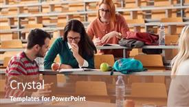  Presentation with amphitheater - Colorful PPT theme enhanced with young-freshman-students-talking backdrop and a red colored foreground