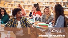  Presentation with amphitheater - Cool new slide deck with young-freshman-students-talking backdrop and a coral colored foreground