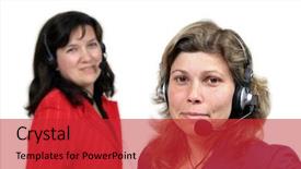  Presentation with friendly - Audience pleasing slide set consisting of young friendly brunette woman with headset smiling during conversation backdrop and a red colored foreground