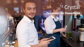  Presentation with online food - Audience pleasing theme consisting of young-friendly-waiter-in-white backdrop and a tawny brown colored foreground