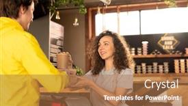  Presentation with courier bag - Colorful presentation theme enhanced with young-friendly-waitress-passing-courier backdrop and a coral colored foreground