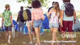  Presentation with campsite - Theme having young friends arriving at their campsite at a music festival background and a coral colored foreground