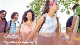  Presentation with campsite - Slides having young friends arriving at their campsite at a music festival background and a coral colored foreground