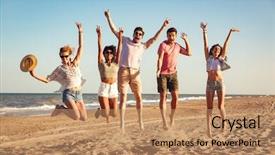  Presentation with summer camp group of diverse - Slide set with young friends dressed in summer background and a coral colored foreground