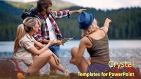  Presentation with navigating - Presentation theme featuring young-friends-during-trip-navigating background and a tawny brown colored foreground