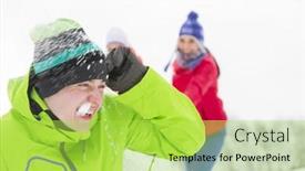  Presentation with snowball - Beautiful presentation theme featuring young friends having snowball fight backdrop and a yellow colored foreground