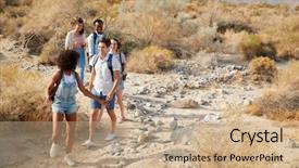  Presentation with young black couples hiking - PPT layouts enhanced with young friends hiking through desert background and a coral colored foreground