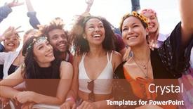 Presentation with outdoor festival - PPT theme enhanced with young friends in audience behind barrier at outdoor music festival posing for selfie background and a red colored foreground