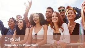  Presentation with outdoor festival - PPT theme having young friends in audience behind barrier dancing and singing at outdoor festival enjoying music background and a coral colored foreground
