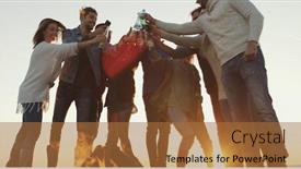  Presentation with beach party - Slide deck featuring young friends making a toast with beer and having fun around campfire at beach party on autumn day background and a red colored foreground