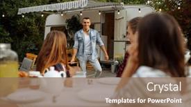  Presentation with camping - Colorful PPT layouts enhanced with young-friends-on-picnic backdrop and a coral colored foreground