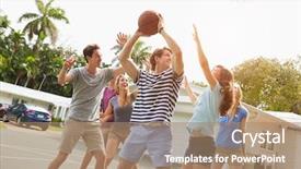  Presentation with basketball - Slide set with young friends playing basketball background and a coral colored foreground