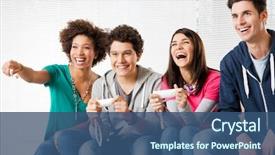  Presentation with video game - Beautiful slides featuring young friends playing video game backdrop and a ocean colored foreground
