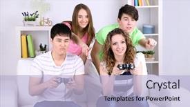  Presentation with video games playing - Beautiful slide deck featuring young friends playing video games backdrop and a  colored foreground