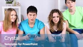  Presentation with war video game - Presentation design featuring young friends playing video games background and a  colored foreground