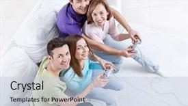  Presentation with video games playing - Amazing PPT theme having young friends playing video games backdrop and a  colored foreground