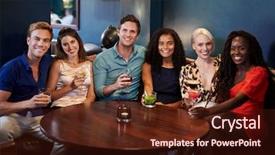  Presentation with friends - Slide deck featuring young friends sitting around table background and a tawny brown colored foreground