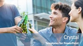  Presentation with beer women - Slide set having young friends toasting with bottle background and a teal colored foreground