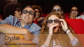  Presentation with cinema - PPT theme with young friends watching a 3d film at the cinema background and a coral colored foreground