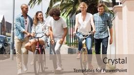  Presentation with walking together - Slides having young friends with bicycles walking background and a coral colored foreground