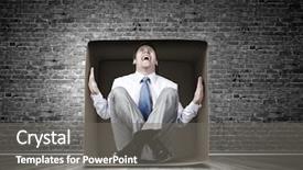 Presentation with box carton - Cool new slide deck with young frustrated businessman trapped backdrop and a  colored foreground